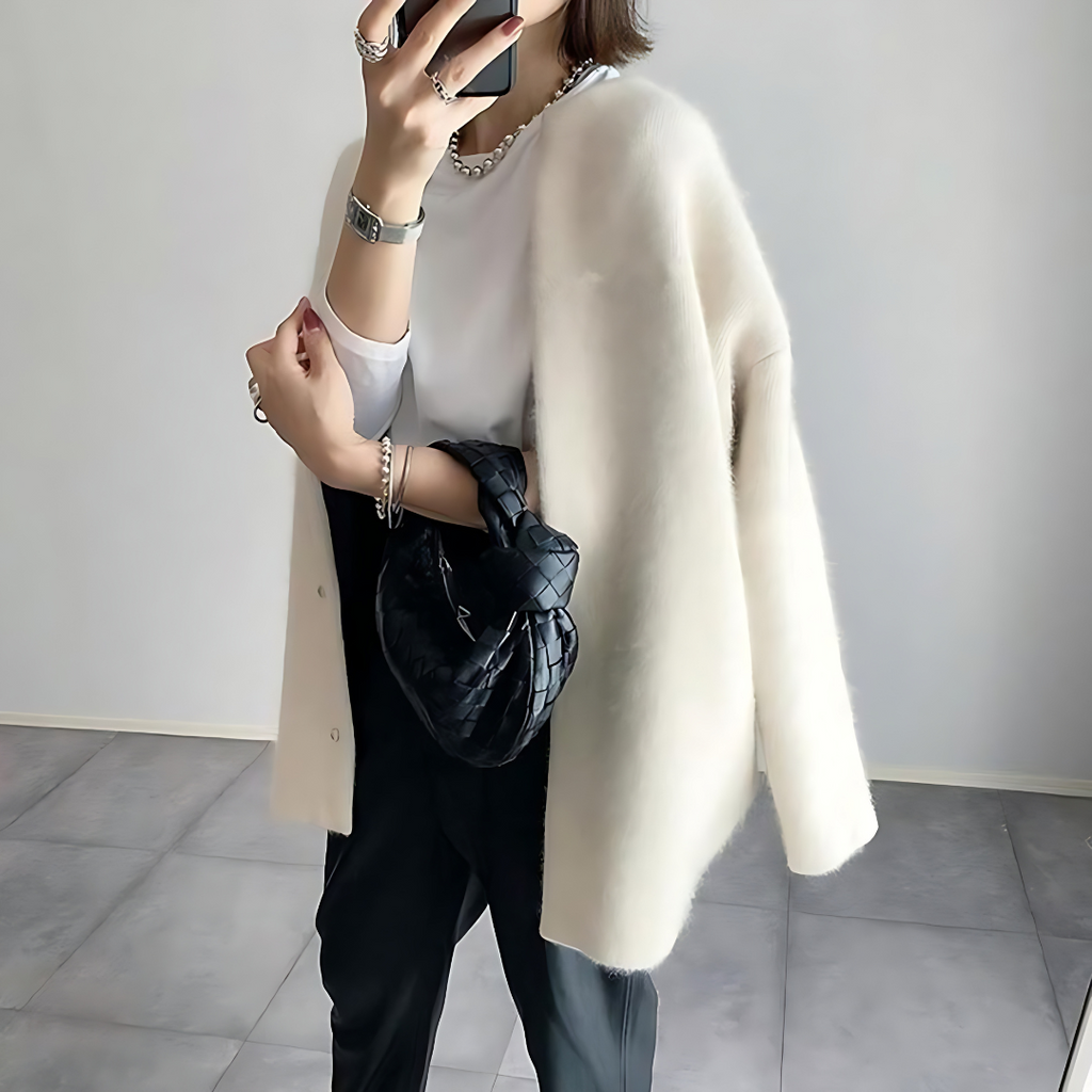 Knit Cardigan Women's Snap Button Beige Oversized Collarless Sweater – Casual, Office, Holiday, Gift