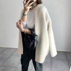 Knit Cardigan Women's Snap Button Beige Oversized Collarless Sweater – Casual, Office, Holiday, Gift