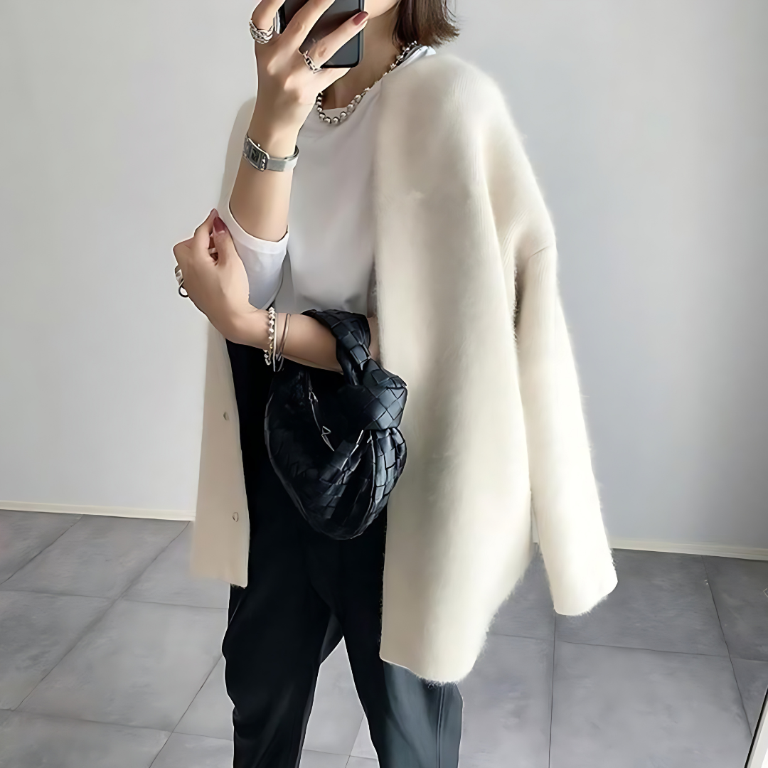 Knit Cardigan Women's Snap Button Beige Oversized Collarless Sweater – Casual, Office, Holiday, Gift