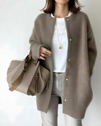 Knit Cardigan Women's Snap Button Beige Oversized Collarless Sweater – Casual, Office, Holiday, Gift