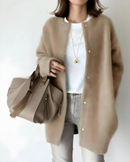 Knit Cardigan Women's Snap Button Beige Oversized Collarless Sweater – Casual, Office, Holiday, Gift