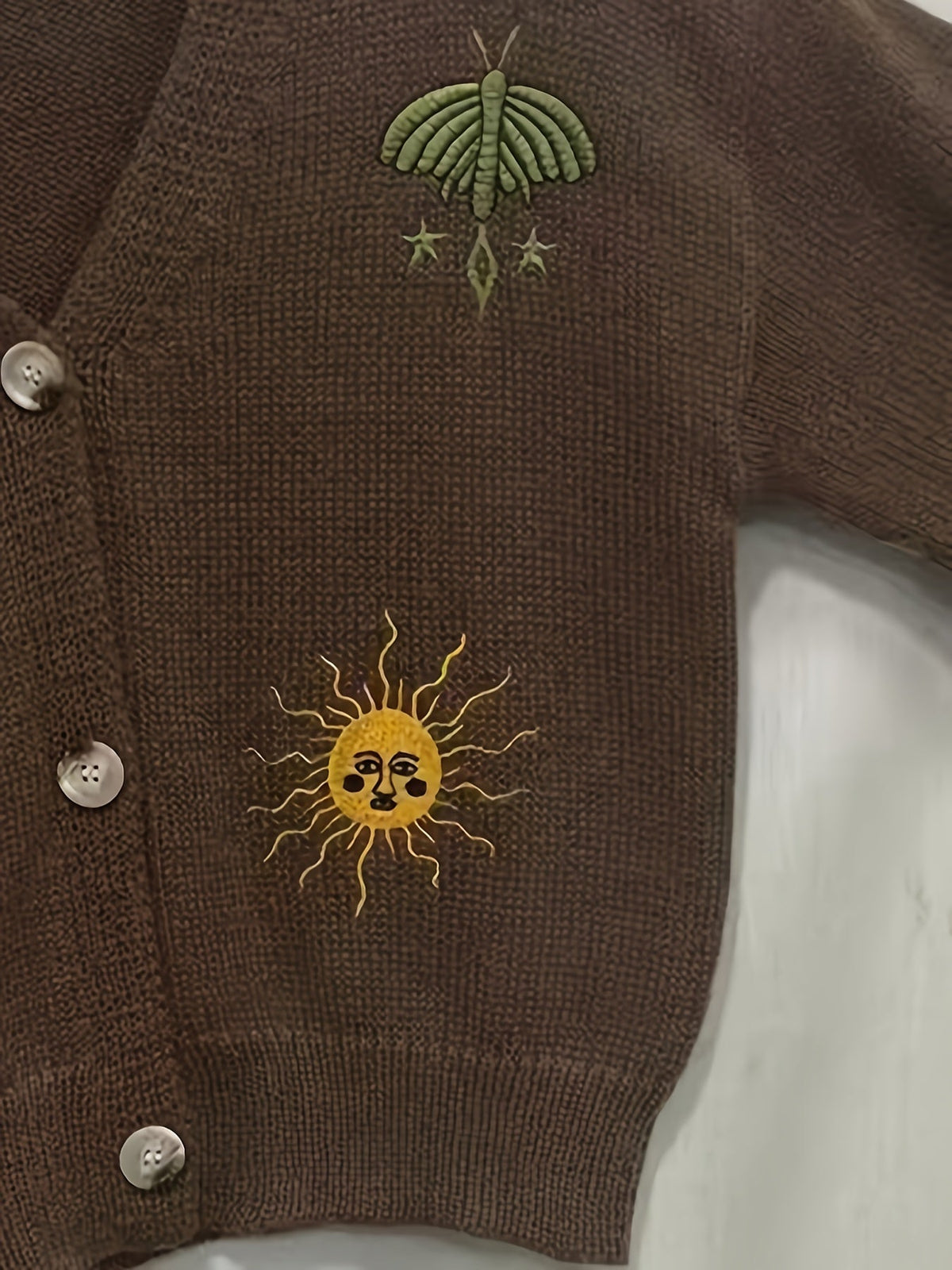 Knit Cardigan Women's Sun Moon Star Embroidered V-Neck Button-Up Lantern Sleeve – Casual, Fall Layering