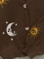 Knit Cardigan Women's Sun Moon Star Embroidered V-Neck Button-Up Lantern Sleeve – Casual, Fall Layering