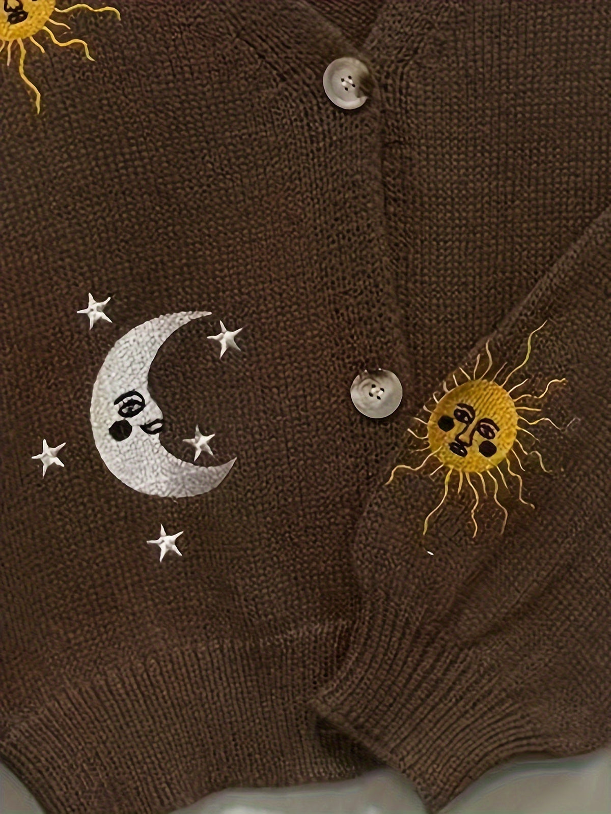 Knit Cardigan Women's Sun Moon Star Embroidered V-Neck Button-Up Lantern Sleeve – Casual, Fall Layering