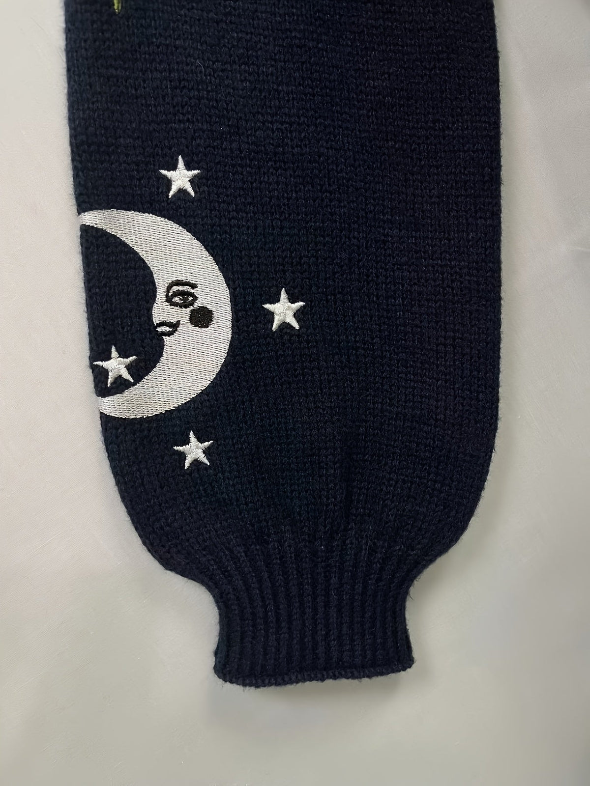 Knit Cardigan Women's Sun Moon Star Embroidered V-Neck Button-Up Lantern Sleeve – Casual, Fall Layering