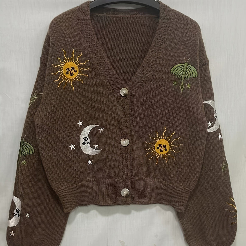 Knit Cardigan Women's Sun Moon Star Embroidered V-Neck Button-Up Lantern Sleeve – Casual, Fall Layering