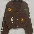 Knit Cardigan Women's Sun Moon Star Embroidered V-Neck Button-Up Lantern Sleeve – Casual, Fall Layering
