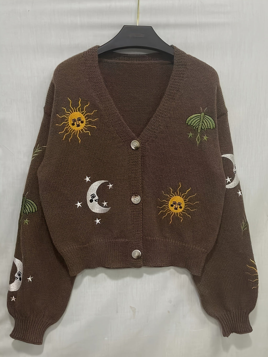 Knit Cardigan Women's Sun Moon Star Embroidered V-Neck Button-Up Lantern Sleeve – Casual, Fall Layering