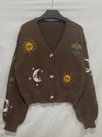 Knit Cardigan Women's Sun Moon Star Embroidered V-Neck Button-Up Lantern Sleeve – Casual, Fall Layering
