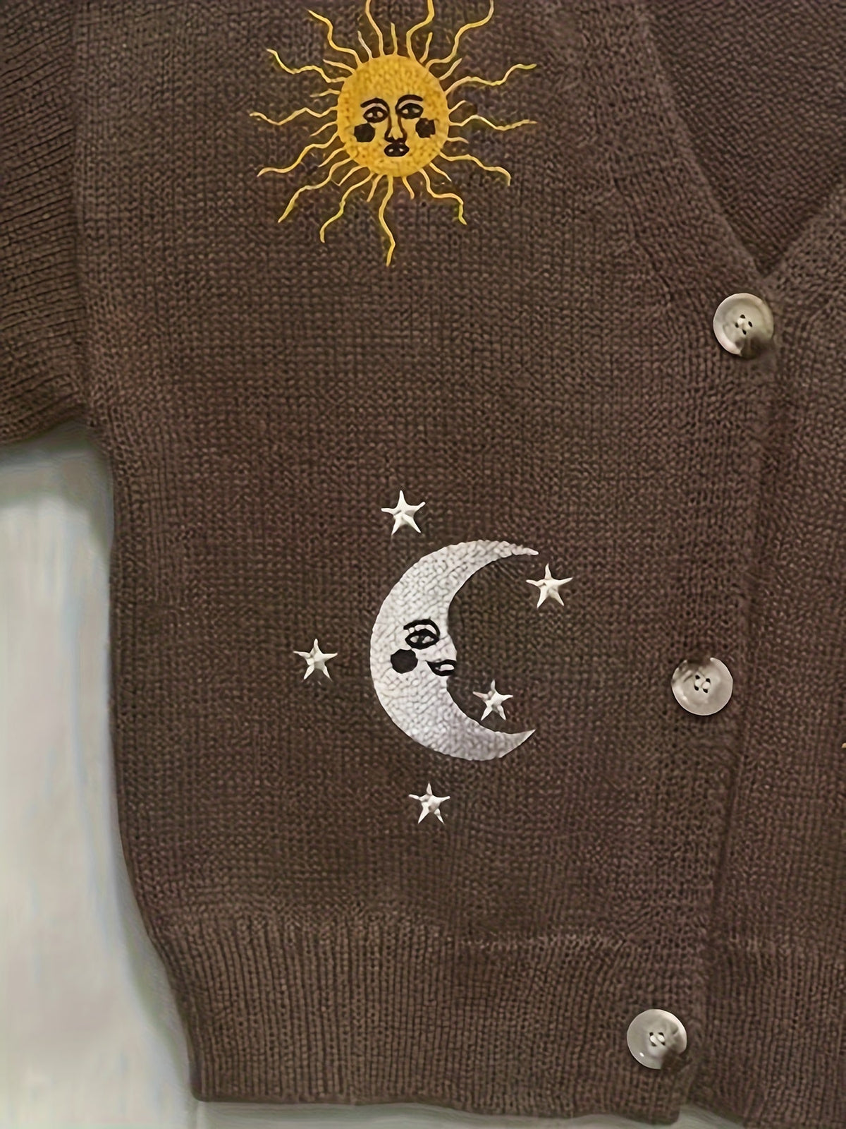 Knit Cardigan Women's Sun Moon Star Embroidered V-Neck Button-Up Lantern Sleeve – Casual, Fall Layering