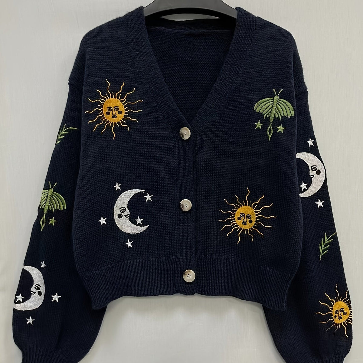 Knit Cardigan Women's Sun Moon Star Embroidered V-Neck Button-Up Lantern Sleeve – Casual, Fall Layering