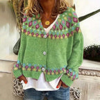 Knit Cardigan Women's V-Neck Button-Up Green Nordic Pattern Sweater – Casual, Layering
