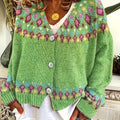 Knit Cardigan Women's V-Neck Button-Up Green Nordic Pattern Sweater – Casual, Layering