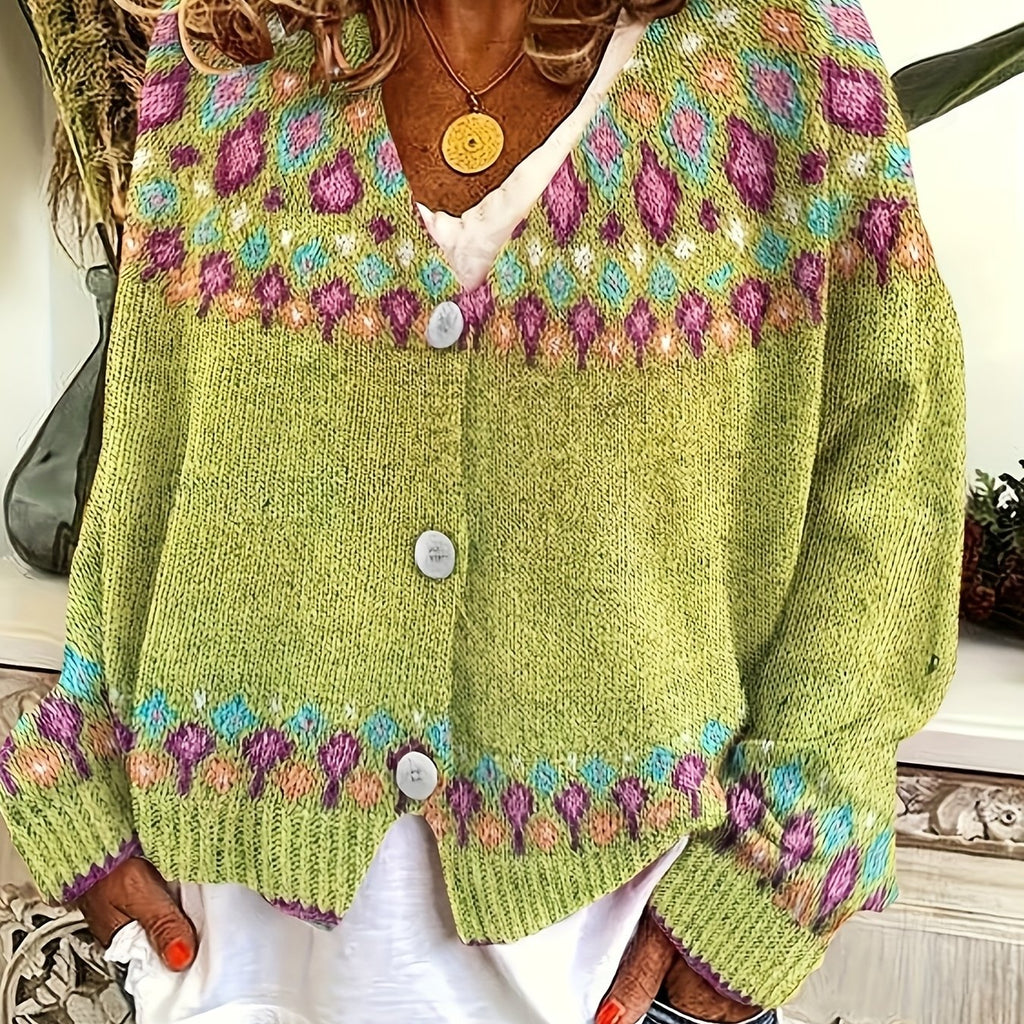 Knit Cardigan Women's V-Neck Button-Up Green Nordic Pattern Sweater – Casual, Layering