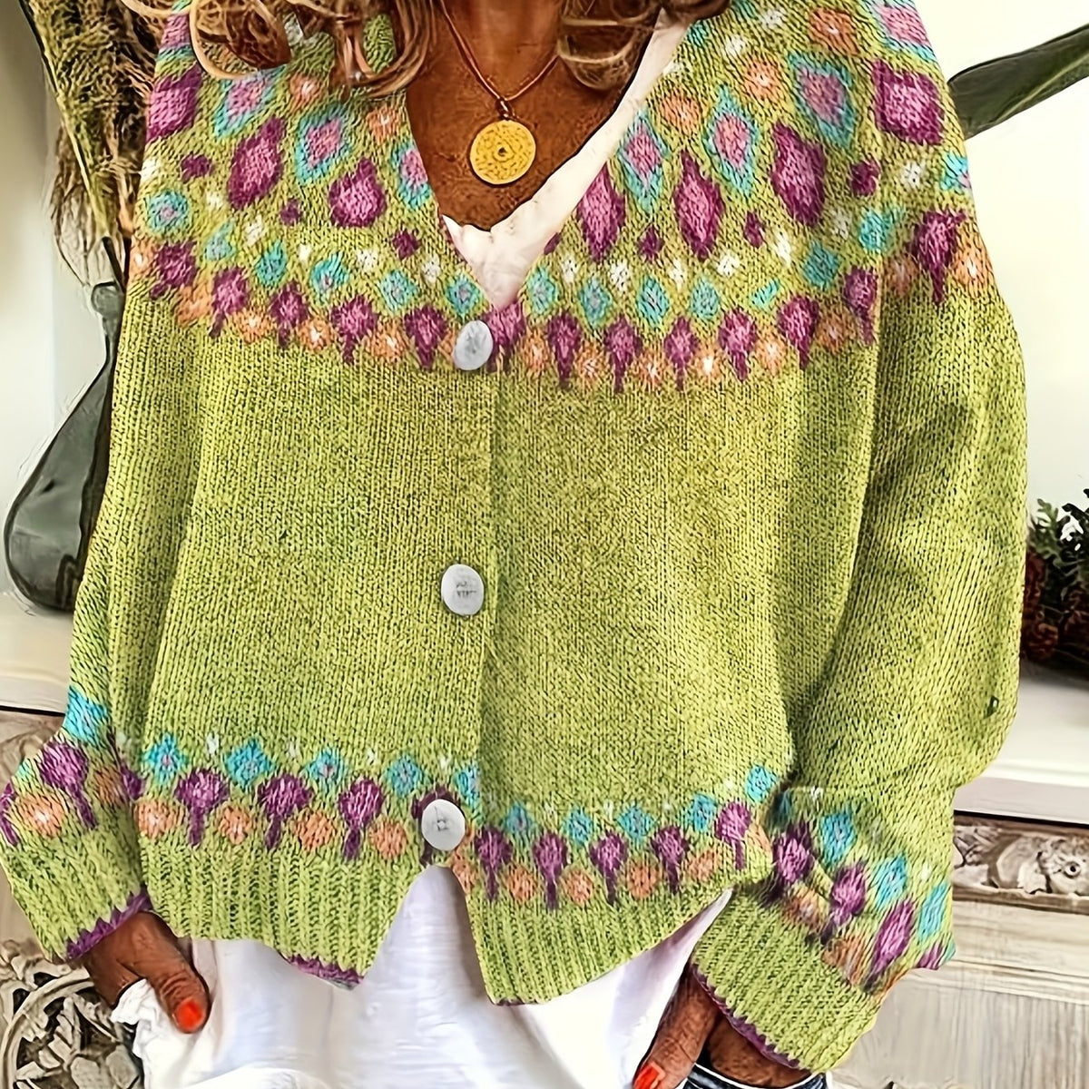 Knit Cardigan Women's V-Neck Button-Up Green Nordic Pattern Sweater – Casual, Layering