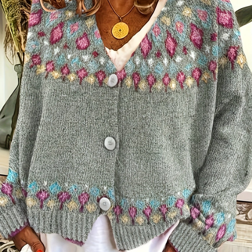 Knit Cardigan Women's V-Neck Button-Up Green Nordic Pattern Sweater – Casual, Layering