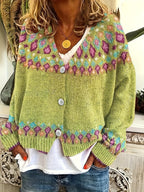 Knit Cardigan Women's V-Neck Button-Up Green Nordic Pattern Sweater – Casual, Layering