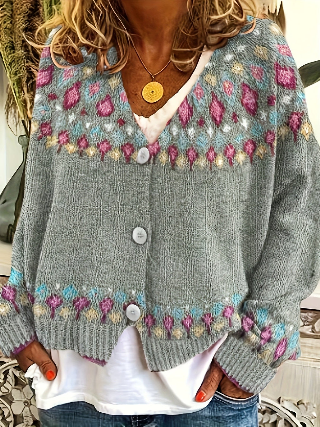 Knit Cardigan Women's V-Neck Button-Up Green Nordic Pattern Sweater – Casual, Layering