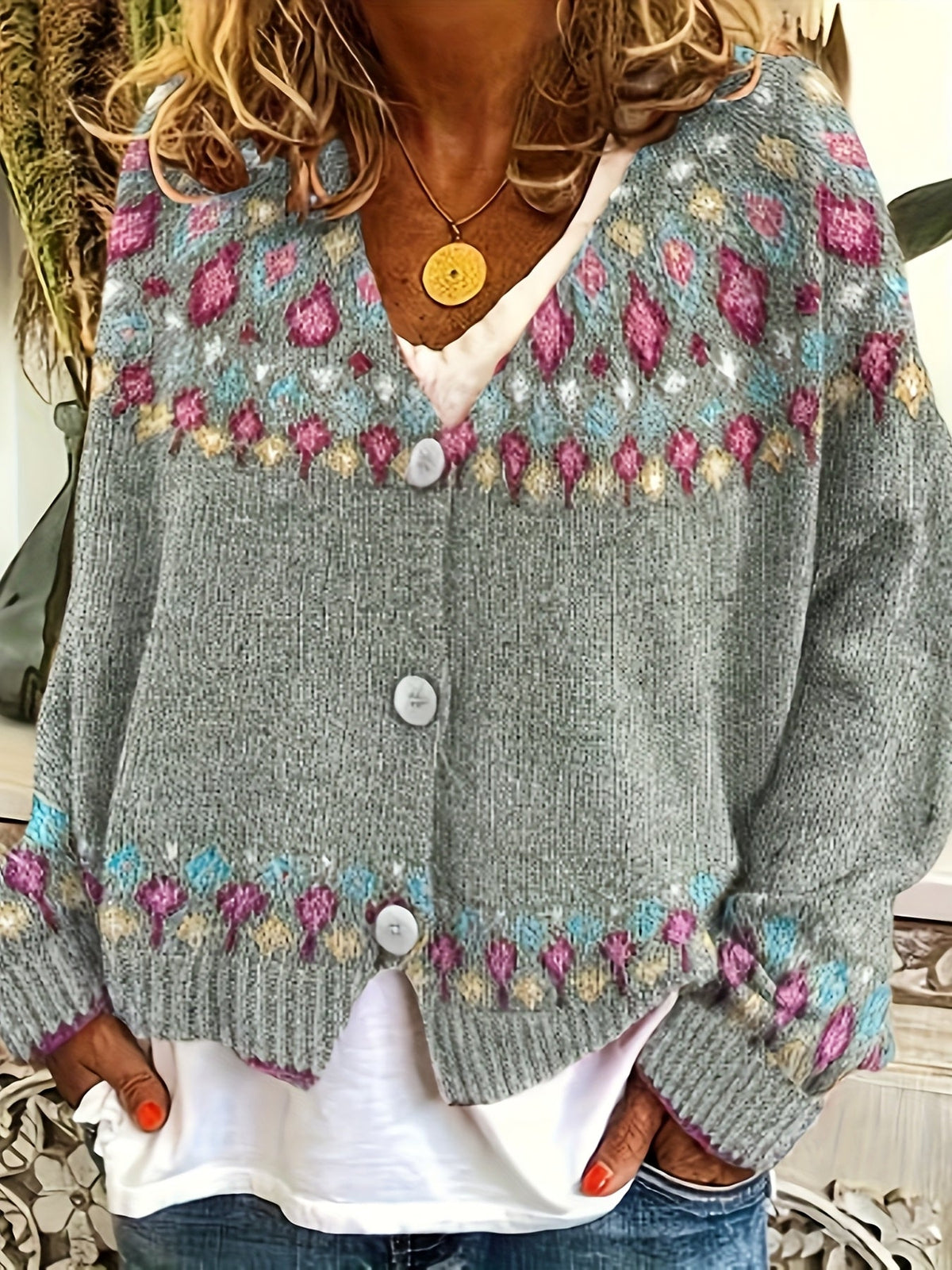 Knit Cardigan Women's V-Neck Button-Up Green Nordic Pattern Sweater – Casual, Layering