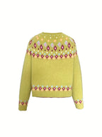 Knit Cardigan Women's V-Neck Button-Up Green Nordic Pattern Sweater – Casual, Layering