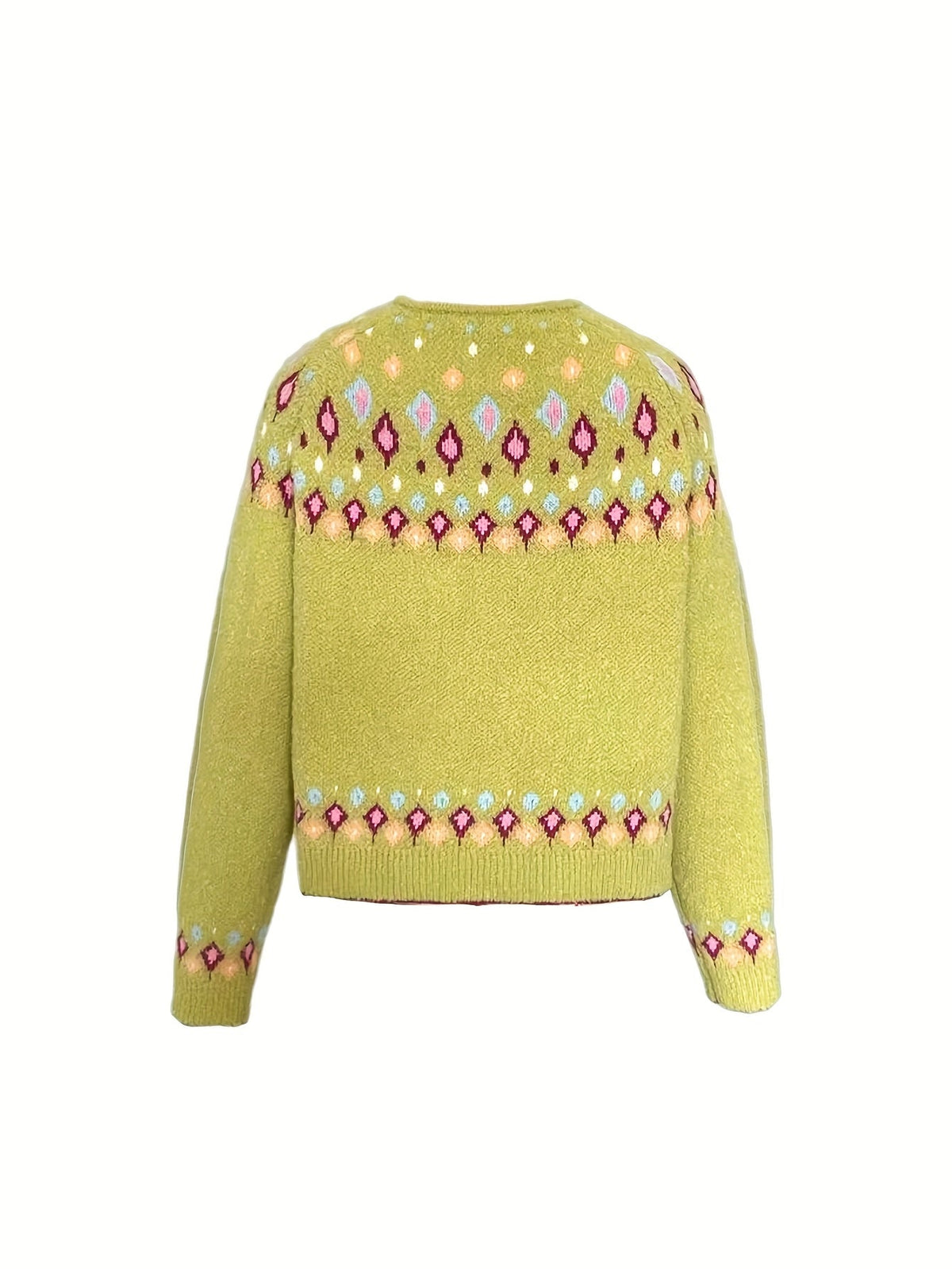 Knit Cardigan Women's V-Neck Button-Up Green Nordic Pattern Sweater – Casual, Layering