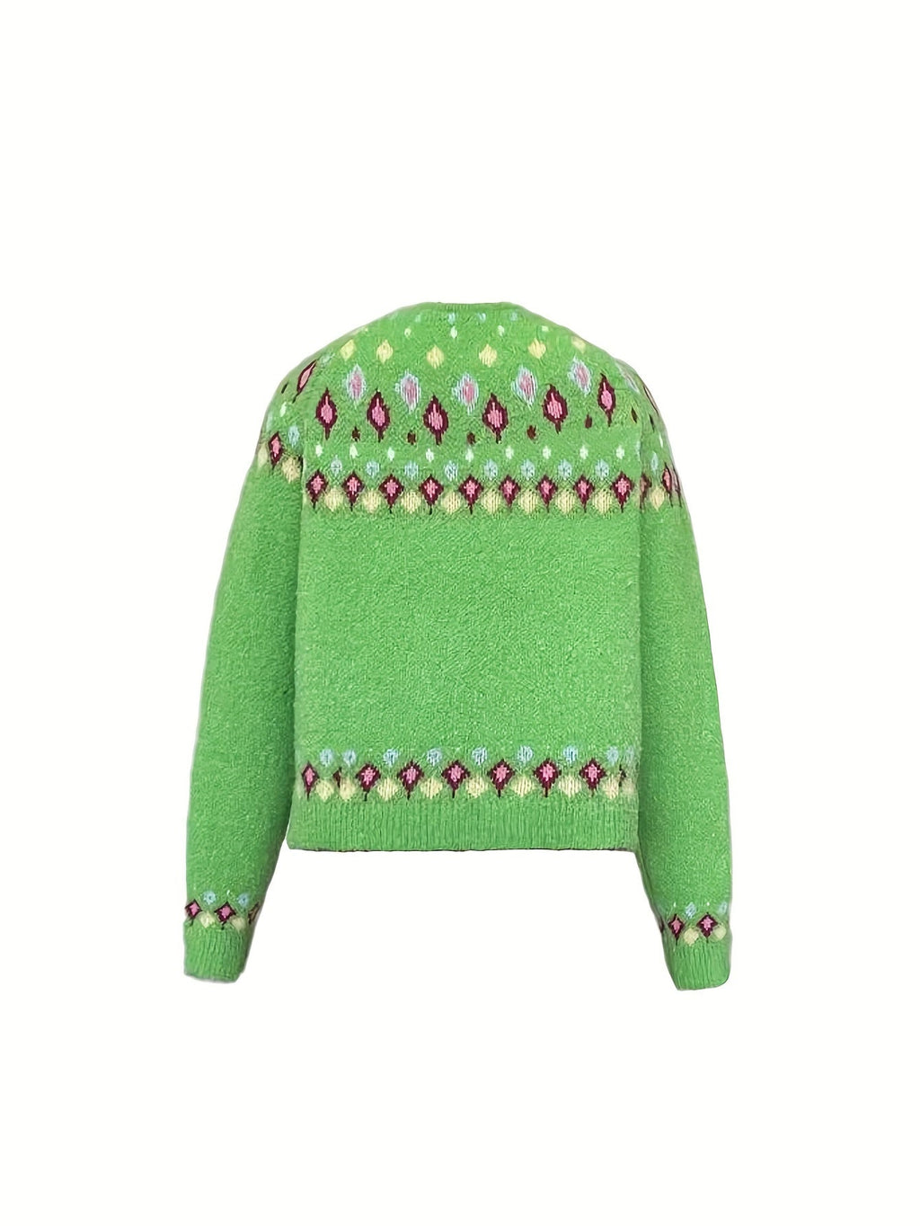 Knit Cardigan Women's V-Neck Button-Up Green Nordic Pattern Sweater – Casual, Layering