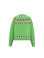 Knit Cardigan Women's V-Neck Button-Up Green Nordic Pattern Sweater – Casual, Layering