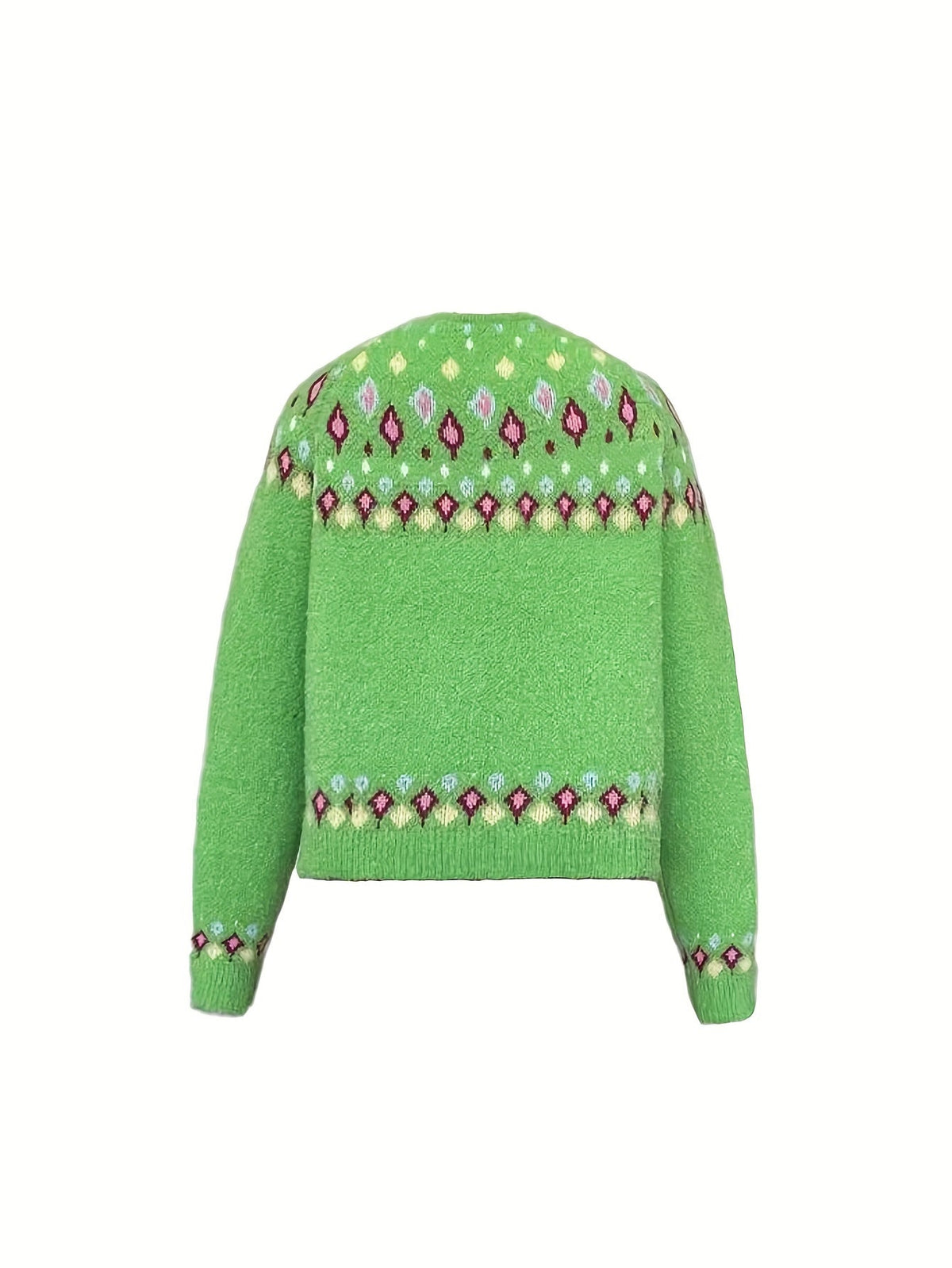 Knit Cardigan Women's V-Neck Button-Up Green Nordic Pattern Sweater – Casual, Layering