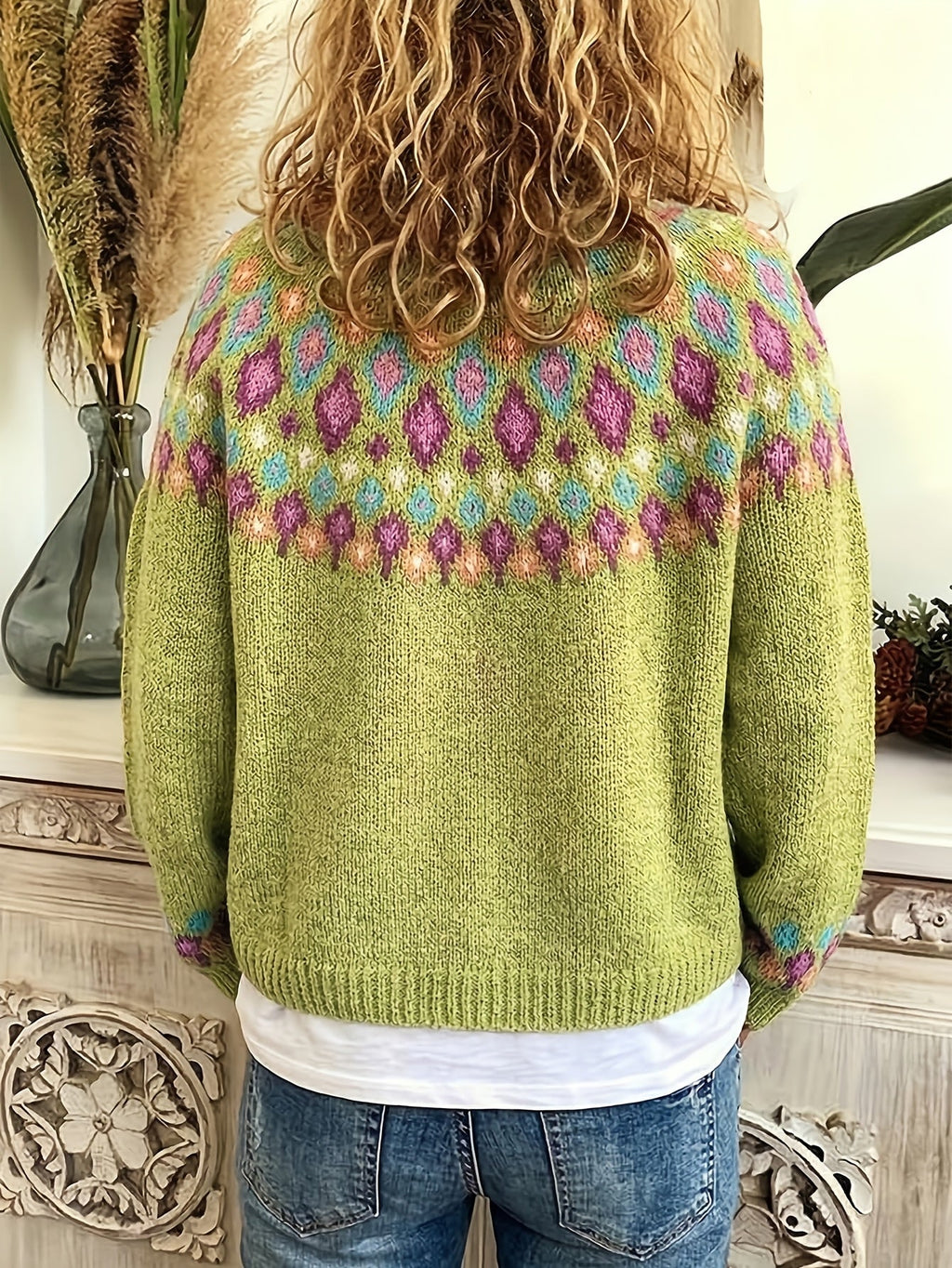 Knit Cardigan Women's V-Neck Button-Up Green Nordic Pattern Sweater – Casual, Layering