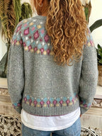 Knit Cardigan Women's V-Neck Button-Up Green Nordic Pattern Sweater – Casual, Layering