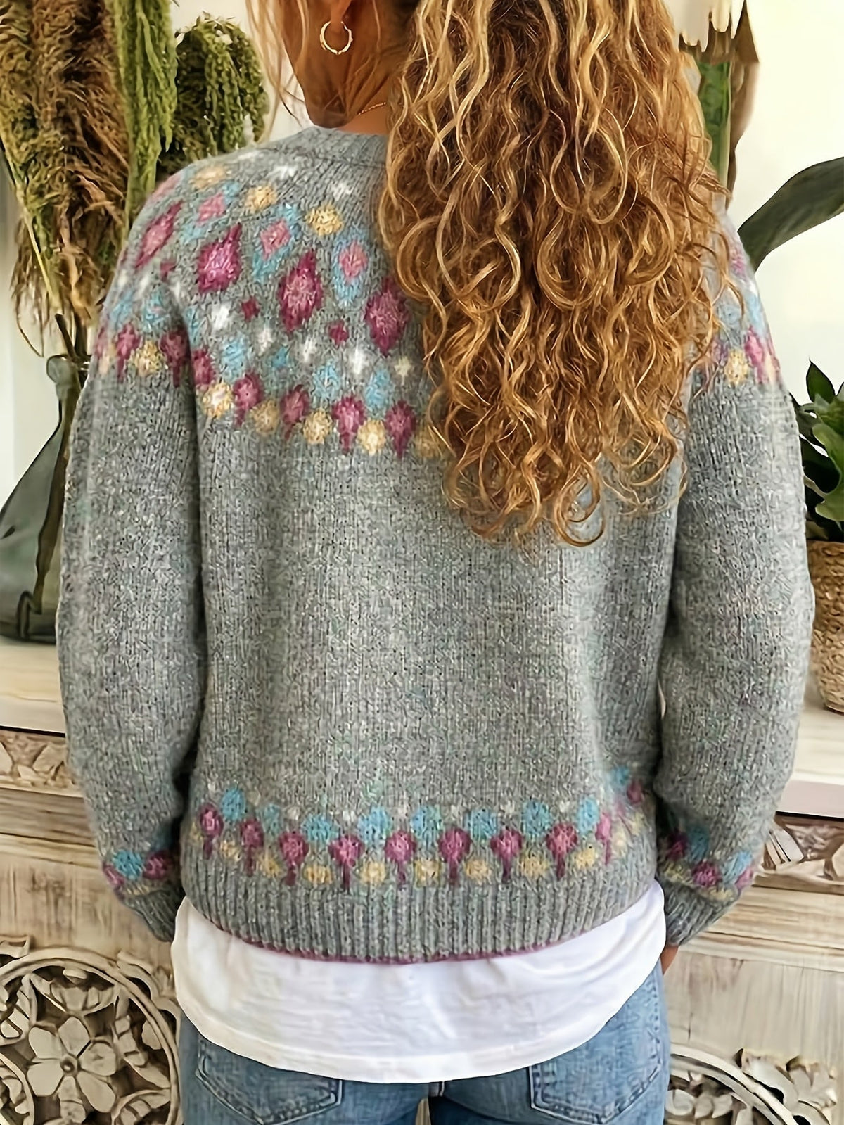 Knit Cardigan Women's V-Neck Button-Up Green Nordic Pattern Sweater – Casual, Layering