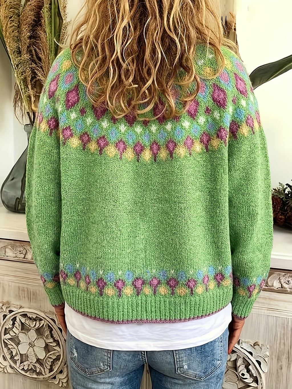 Knit Cardigan Women's V-Neck Button-Up Green Nordic Pattern Sweater – Casual, Layering