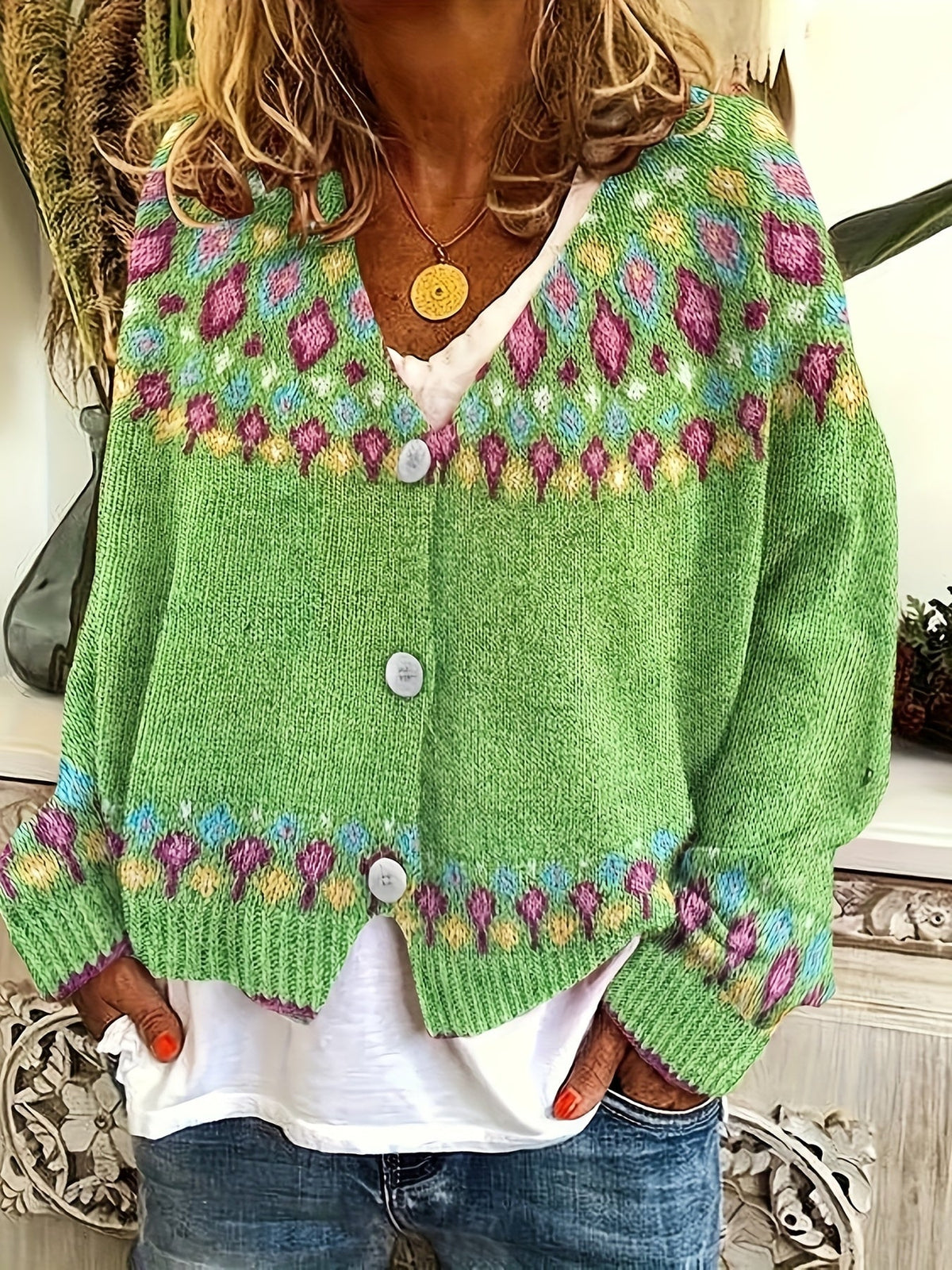 Knit Cardigan Women's V-Neck Button-Up Green Nordic Pattern Sweater – Casual, Layering