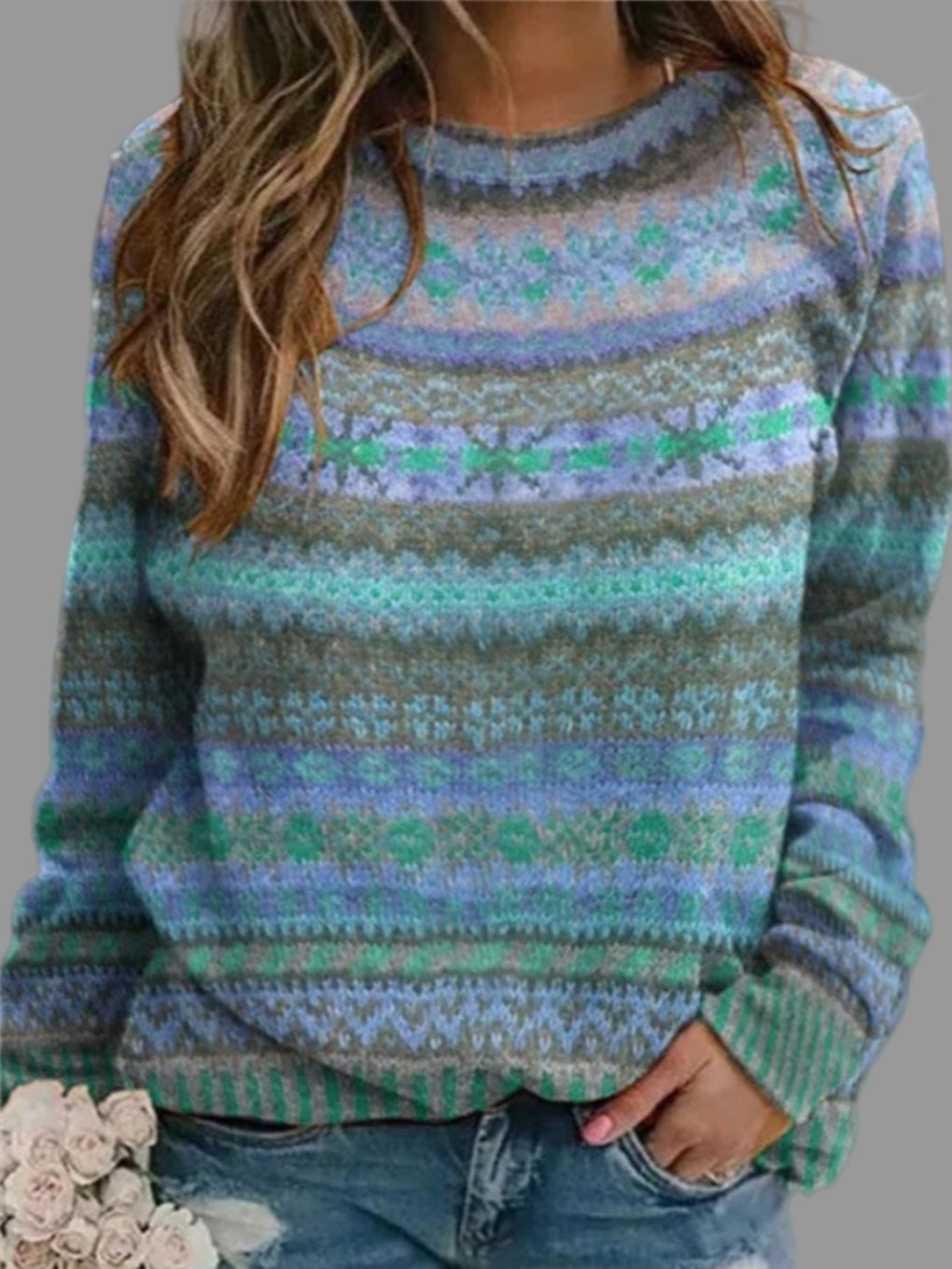 Knit Crew Neck Sweater Women's Long Sleeve Relaxed Fit Fair Isle Pullover – Casual, Office, Holiday, Gift