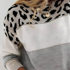 Knit Jumper Women's Leopard Print Colorblock Crew Neck Long Sleeve Sweater – Casual, Office