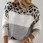 Knit Jumper Women's Leopard Print Colorblock Crew Neck Long Sleeve Sweater – Casual, Office