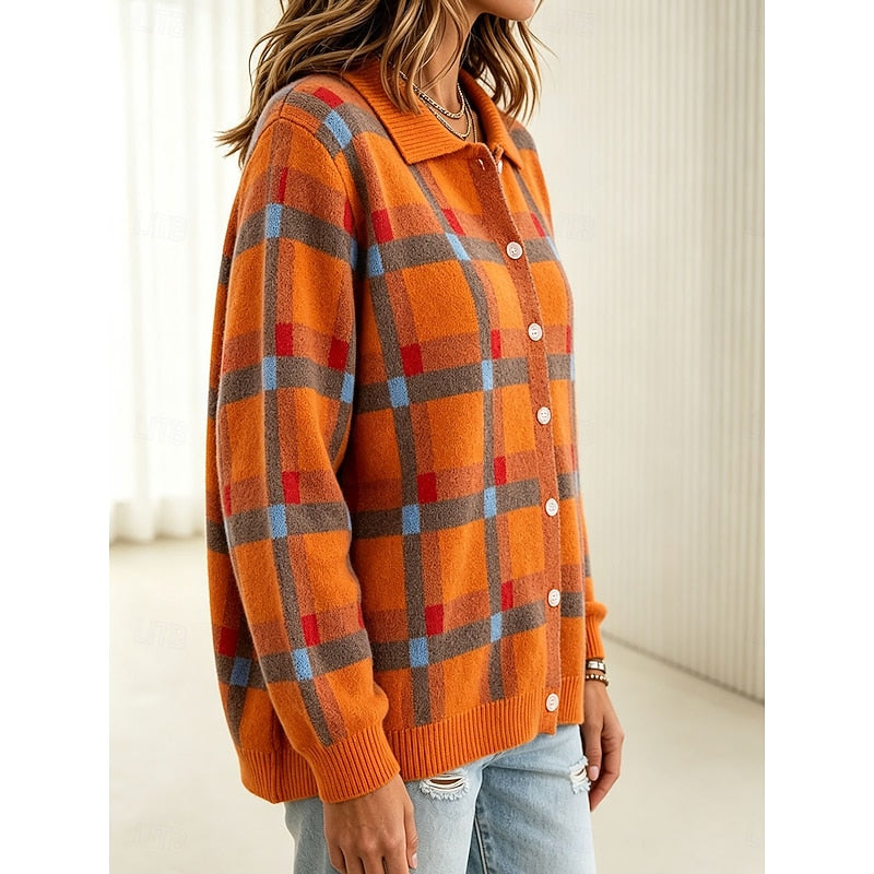 Knit Plaid Cardigan Women's Long Sleeve Button Collared Sweater – Casual, Office, Holiday, Gift