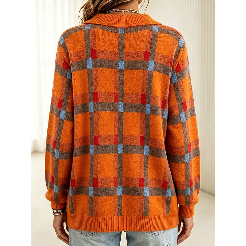 Knit Plaid Cardigan Women's Long Sleeve Button Collared Sweater – Casual, Office, Holiday, Gift