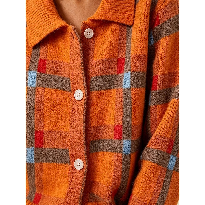 Knit Plaid Cardigan Women's Long Sleeve Button Collared Sweater – Casual, Office, Holiday, Gift