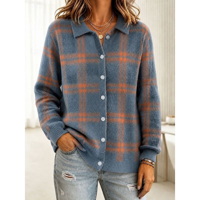 Knit Plaid Cardigan Women's Long Sleeve Button Collared Sweater – Casual, Office, Holiday, Gift