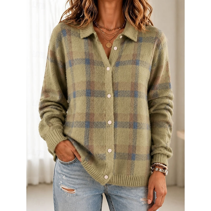 Knit Plaid Cardigan Women's Long Sleeve Button Collared Sweater – Casual, Office, Holiday, Gift