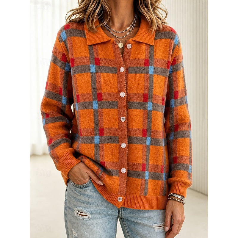 Knit Plaid Cardigan Women's Long Sleeve Button Collared Sweater – Casual, Office, Holiday, Gift