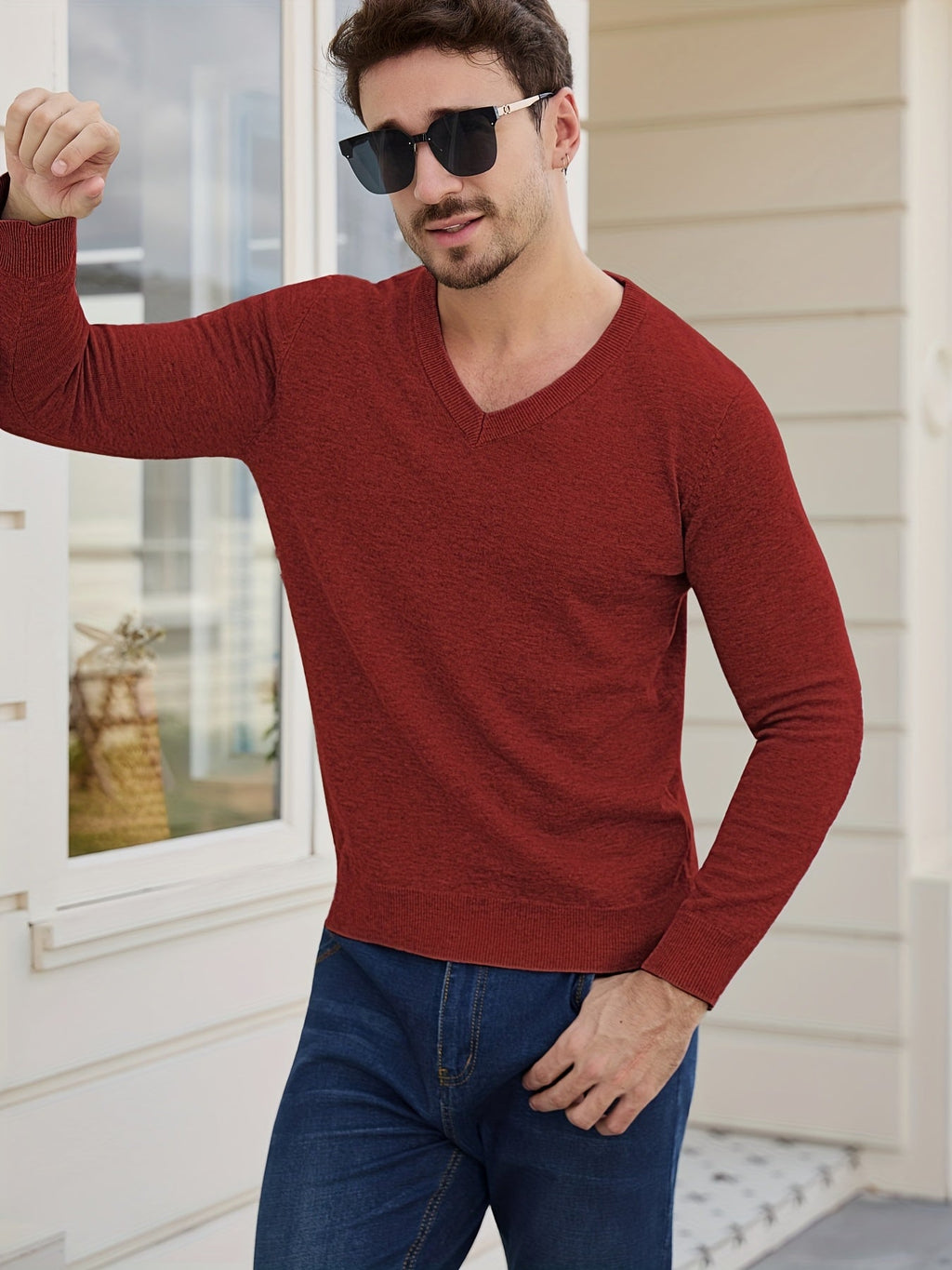 Knit Pullover Sweater Men's V-Neck Long Sleeve Red – Office, Casual, Layering, Gift