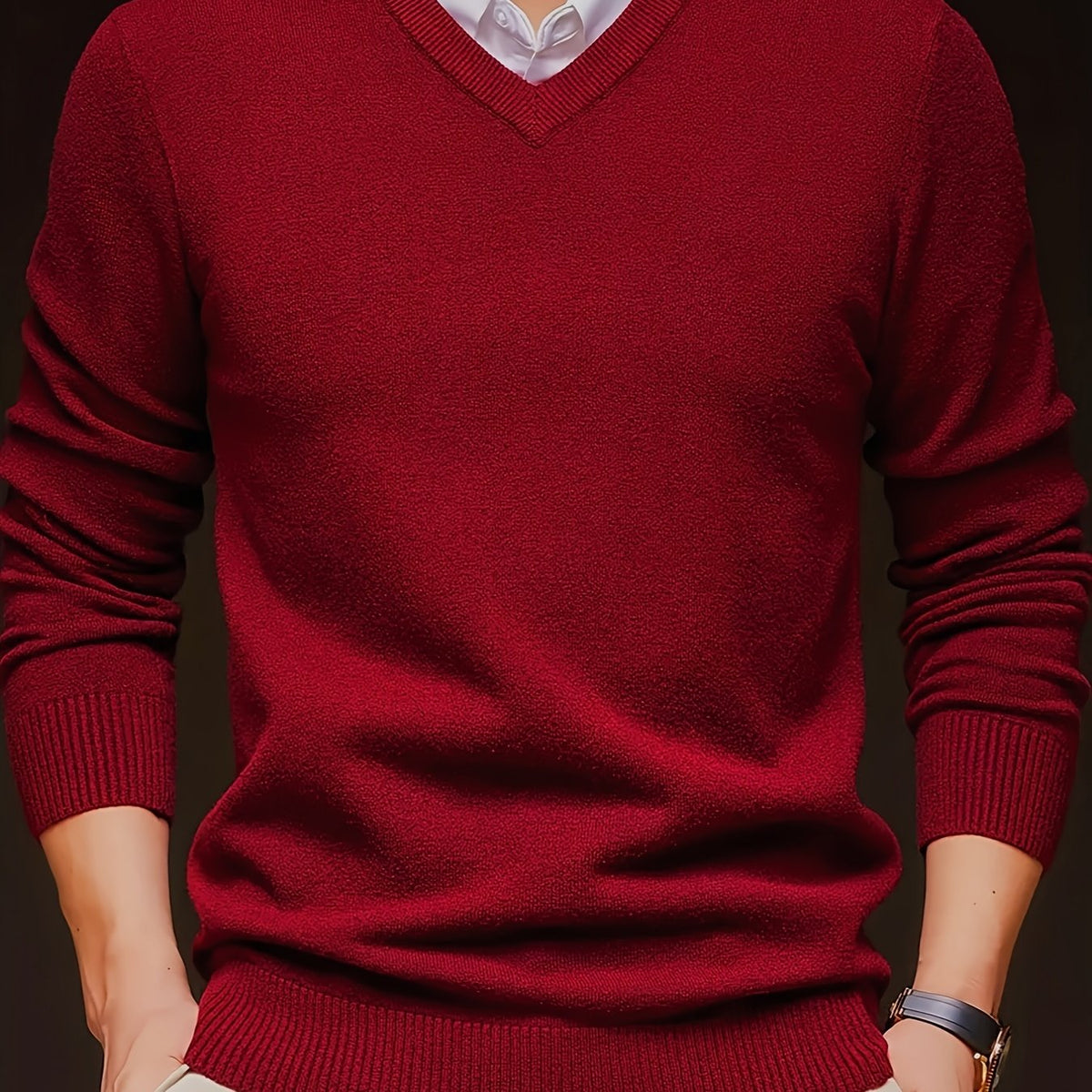 Knit Pullover Sweater Men's V-Neck Long Sleeve Red – Office, Casual, Layering, Gift