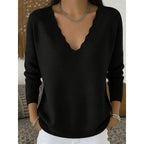 Knit Pullover Sweater Women's Scalloped V-Neck Long Sleeve Pink Top – Casual, Office, Gift
