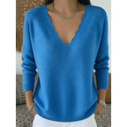 Knit Pullover Sweater Women's Scalloped V-Neck Long Sleeve Pink Top – Casual, Office, Gift