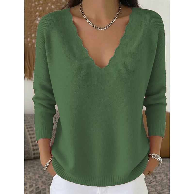 Knit Pullover Sweater Women's Scalloped V-Neck Long Sleeve Pink Top – Casual, Office, Gift