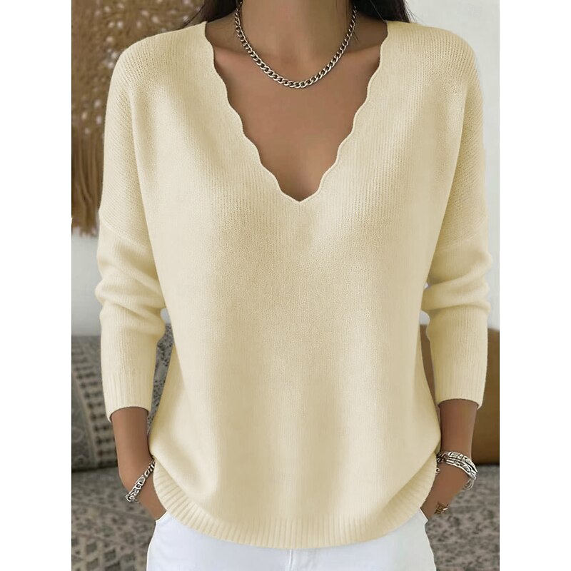 Knit Pullover Sweater Women's Scalloped V-Neck Long Sleeve Pink Top – Casual, Office, Gift
