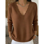 Knit Pullover Sweater Women's Scalloped V-Neck Long Sleeve Pink Top – Casual, Office, Gift