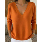 Knit Pullover Sweater Women's Scalloped V-Neck Long Sleeve Pink Top – Casual, Office, Gift